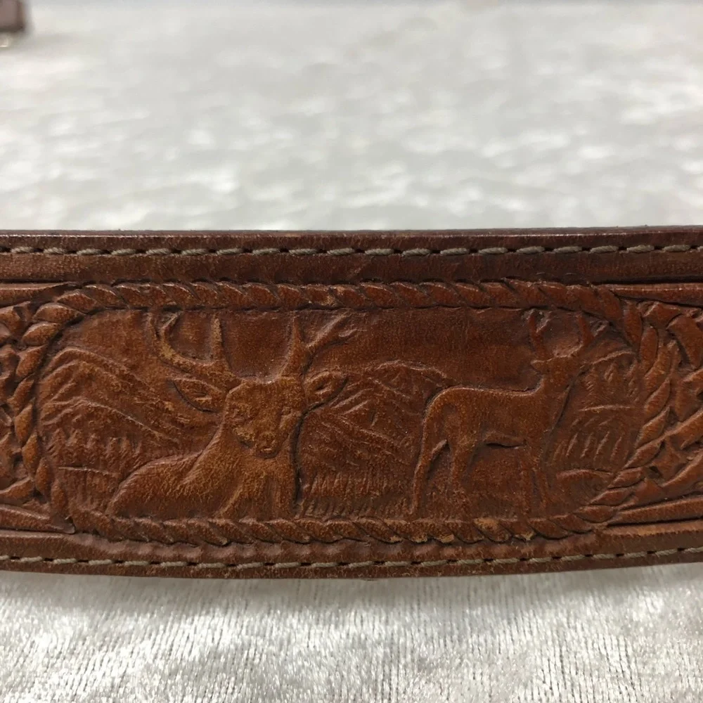 Justin Tooled Belt Outdoorsman Western Cowhide Leather Embossed Hunting Fishing - Picture 4 of 15